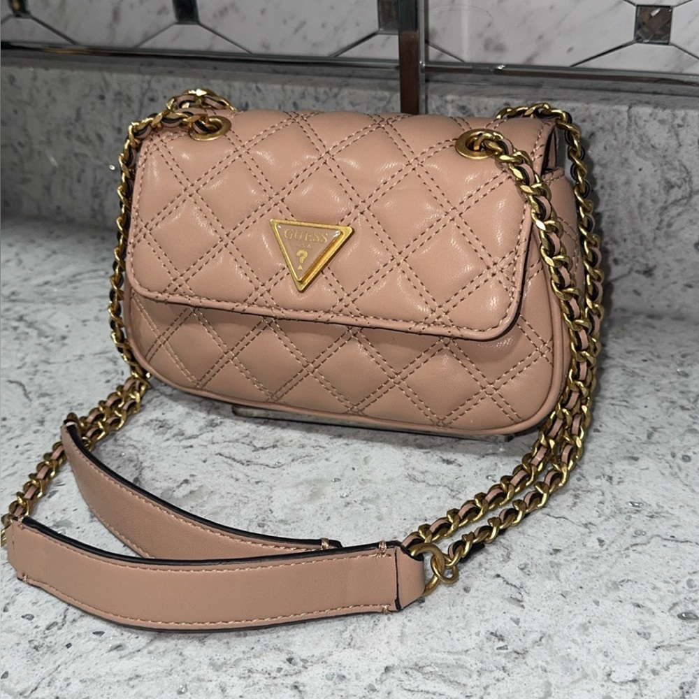 GUESS Giully Mini Convertible Quilted Crossbody Apricot Cream Pink AUTHENTIC